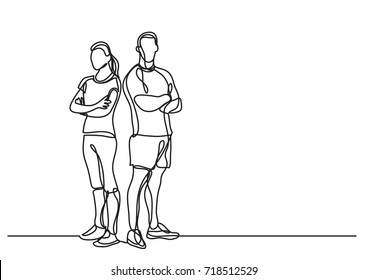 continuous line drawing of man and woman fitness instructors standing