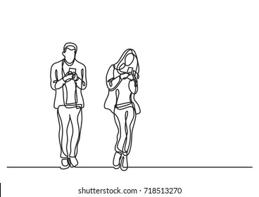 continuous line drawing of man and woman using their mobile phones