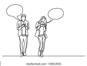 continuous line drawing of man and woman using their mobile phones in social media
