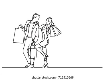 continuous line drawing of man and woman shopping with bags