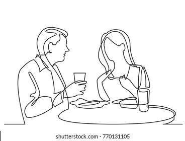 continuous line drawing of man and woman dining in restaurant