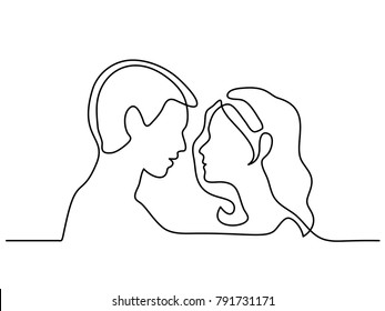 Continuous line drawing  Man   Woman silhouettes in love white background  Black line faces profiles  Vector illustration
