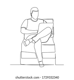 continuous line drawing of man work from home at sofa with laptop. single line art of remote worker. Vector illustration