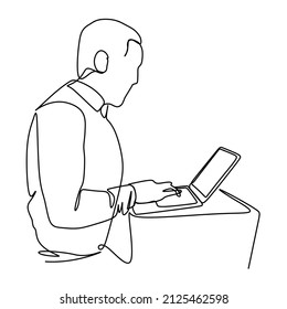 continuous line drawing of man working using laptop computer. Modern technology concept single line hand drawn 