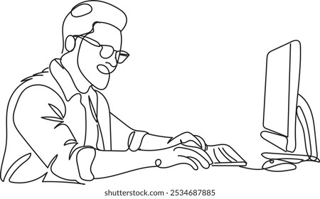 Dibujo de línea continuo de un hombre que trabaja en una computadora, arte de línea, Vector