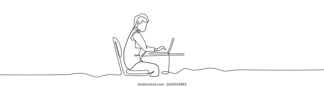 Desenho de linha contínua de um homem que trabalha em um laptop em uma mesa. Ilustração vetorial minimalista para conceitos de trabalho de escritório, freelance, trabalho remoto, negócios, produtividade e estilo de vida digital moderno.