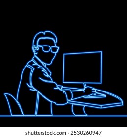 Continuous line drawing man works at the computer icon neon glow vector illustration concept