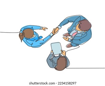 Continuous line drawing of manager handshake his employee to congratulate their promotion. Business teamwork concept. Single line drawing design, graphic vector illustration