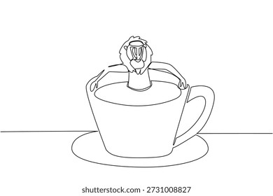 Kontinuierliche Linienzeichnung von Mandrill zeigt süße Tier Einweichen in Kaffeetasse für Naturkonzept. Einzigartiges Design zeigt den Primaten für ein internationales Affen-Tag-Thema in der Kunst
