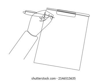 
continuous line drawing of a man's hand writing something in a notebook isolated on a white background vector illustration
