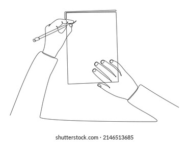 
dibujo de línea continua de la mano de un hombre escribiendo algo en un cuaderno aislado en una ilustración vectorial de fondo blanco