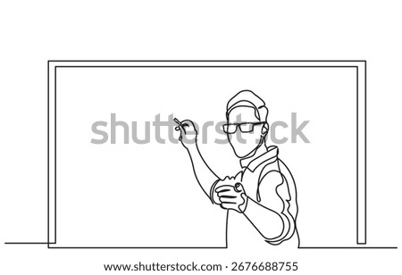 continuous line drawing of a man,teacher,trainer,mentor standing near a board, wearing glasses, education and learning.young male teacher giving a lesson in the class.vector illustration.