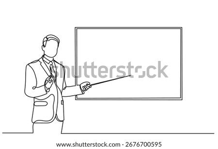 continuous line drawing of a man,teacher,trainer,mentor standing  pointing on board education and learning.young male teacher giving a lesson in the class.vector illustration.
