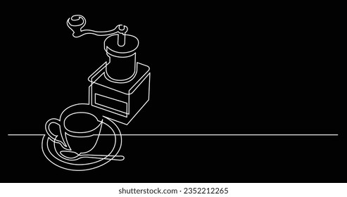 kontinuierliche Zeichnung von manueller Kaffeemaschine und Kaffeetasse