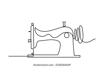 CONTINUOUS LINE DRAWING OF manual sewing machine. LINE ART Manual Sewing Machine isolated on a white background. Old model Sewing machine outline vector icon. Symbol, logo illustration. Vector graphic