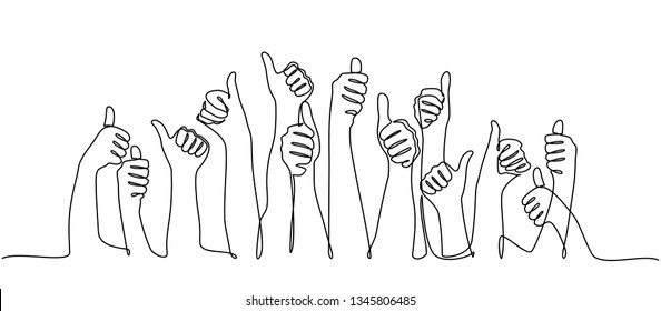 continuous line drawing. Many people congratulate a winner and holding their thumbs up isolated on white background