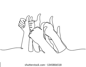 continuous line drawing. Many people congratulate a winner and holding their thumbs up isolated on white background