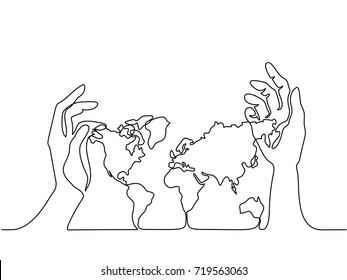 Continuous line drawing. Map of the Earth in human hands. Vector illustration