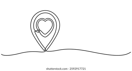 Continuous line drawing. Map pin with heart icon. Black isolated on white background. Hand drawn vector illustration, Continuous line drawing of paths and Location markers and love. Simple pin between