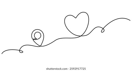 Continuous line drawing. Map pin with heart icon. Black isolated on white background. Hand drawn vector illustration, Continuous line drawing of paths and Location markers and love. Simple pin between