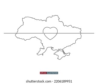 Continuous line drawing of Map of Ukraine. The heart as a symbol of support for Ukraine. Ukraine's gratitude for the support. Template for your design works. Vector illustration.