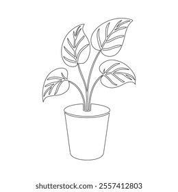 Continuous Line Drawing of Maranta Lemon Lime Plant in Pot – Minimalist Line Art Illustration
