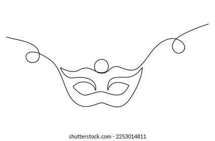 Continuous line drawing of Mardi Gras Carnival mask. One line art. Vector illustration.