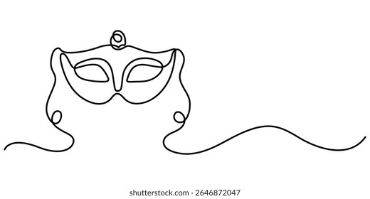 Continuous line drawing of Mardi Gras Carnival mask. One line art. Vector illustration, Masquerade Mask Continuous Line Art Illustration, Carnival Mask Brazilian Drawing, Summer Carnival mask.