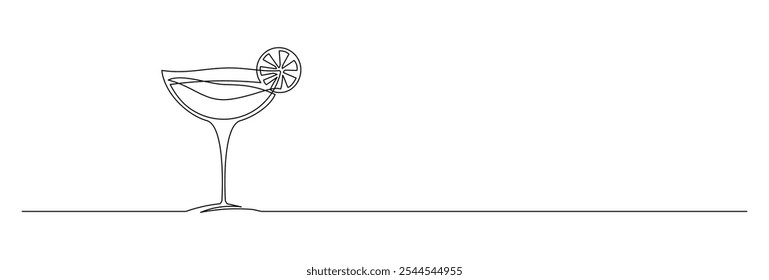 Continuous line drawing. Margarita with cocktail and lemon. Cocktail margarita with lime. Isolated on white background. Hand drawn vector illustration. 