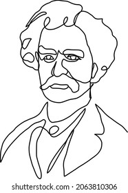 Continuous line drawing of Mark Twain (Samuel Langhorne Clemens) portrait, hand drawn minimalist modern abstract vector illustration