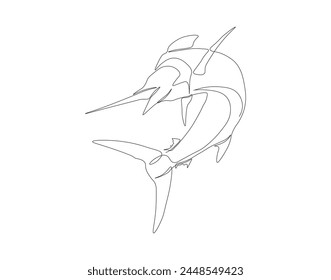 Continuous line drawing of marlin fish. One line of marlin fish. Marine animal concept continuous line art. Editable outline.