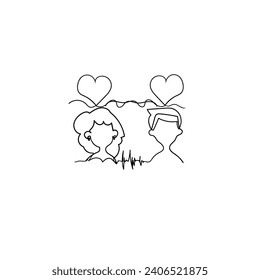 Continuous Line Drawing Married Couple with Love. Illustration Icon Vector