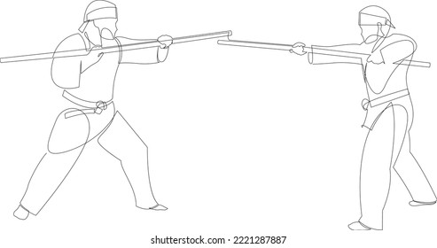 Continuous line drawing of martial arts kung fu composition with oriental battle with sticks. Vector illustration.