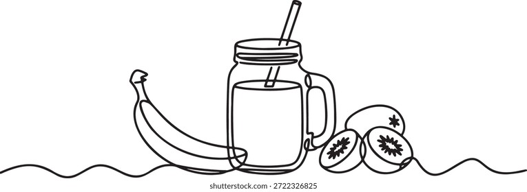 Kontinuierliche Linienzeichnung von Maurerglas gefüllt mit Smoothie und Stroh, neben Banane und geschnitten Kiwi. Vektorgrafik, die gesunde Ernährung, Bio-Lebensmittel und Erfrischung darstellt.
