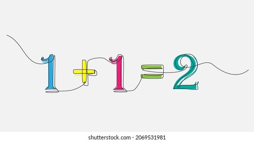 Dibujo de línea continua de una matemática uno más uno es igual a diversión de dos colores