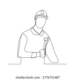 Continuous line drawing of mechanic technician man holding wrnech to repair. Vector illustration