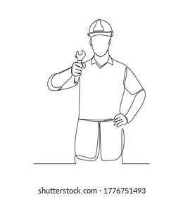 Continuous line drawing of mechanic technician man holding wrnech to repair. Vector illustration