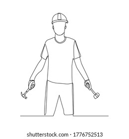 Continuous line drawing of mechanic technician man holding wrnech and hammer to repair. Vector illustration