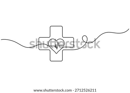 Continuous line drawing of a medical cross with a heart and heartbeat pulse wave, a healthcare symbol.