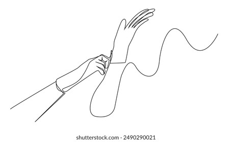 continuous line drawing of medical gloves.one line drawing of hand wearing medical gloves.single line vector illustration.isolated white background