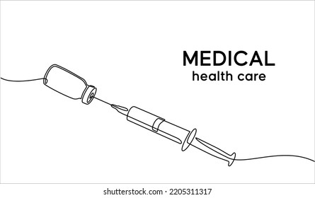 Continuous line drawing of medical health concept. Medical syringe concept with vaccine bottle in doodle style. Syringe, Vaccine vial, anti virus, Stethoscope isolated on a transparent background.