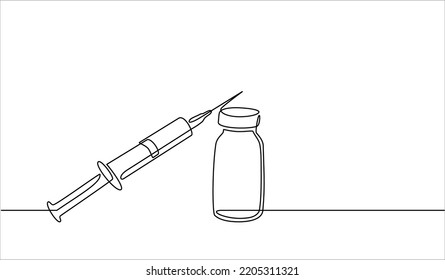 Continuous line drawing of medical health concept. Medical syringe concept with vaccine bottle in doodle style. Syringe, Vaccine vial, anti virus, Stethoscope isolated on a transparent background.