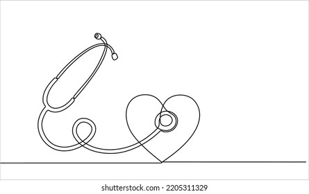 Continuous line drawing of medical health concept. Medical Stethoscope concept in doodle style. Stethoscope detecting heart isolated on transparent background.