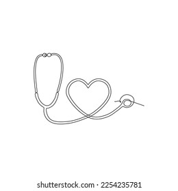 Continuous line drawing of medical health concept. Medical Stethoscope concept in doodle style. Stethoscope detecting heart isolated on transparent background.