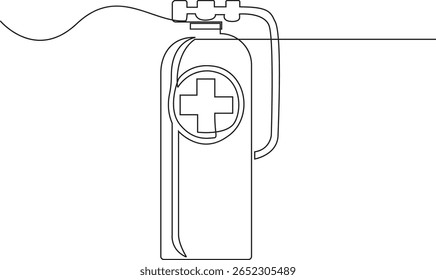 Dibujo continuo de la línea del cilindro de oxígeno médico con el símbolo de la cruz de la salud, Ilustración vectorial