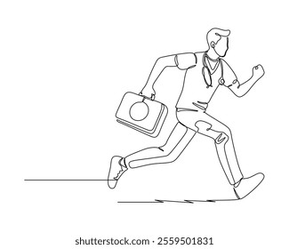 continuous line drawing of a medical professional running with a briefcase in hand and a stethoscope around their neck Ideal for emergency healthcare themes