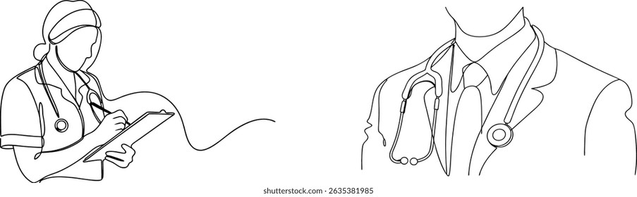 Continuous line drawing of medical professionals doctor and nurse with stethoscope and clipboard