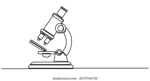 Continuous Line Drawing of Medical Research Icon. Hand Drawn Symbol Vector Illustration, Continuous one line drawing of microscope laboratory. Microscope line art vector illustration. Research and pro