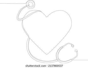 Continuous line drawing of Medical stethoscope and heart.  Stethoscope sign isolated on white background. Symbol medicine. Vector illustration.