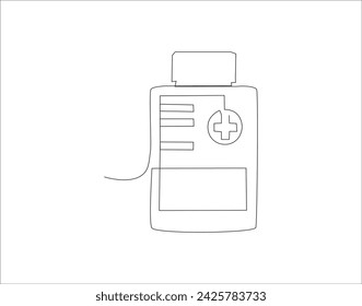 Continuous Line Drawing Of Medicine Bottle. One Line Of Jar Of Pills. Medicine Set Continuous Line Art. Editable Outline.